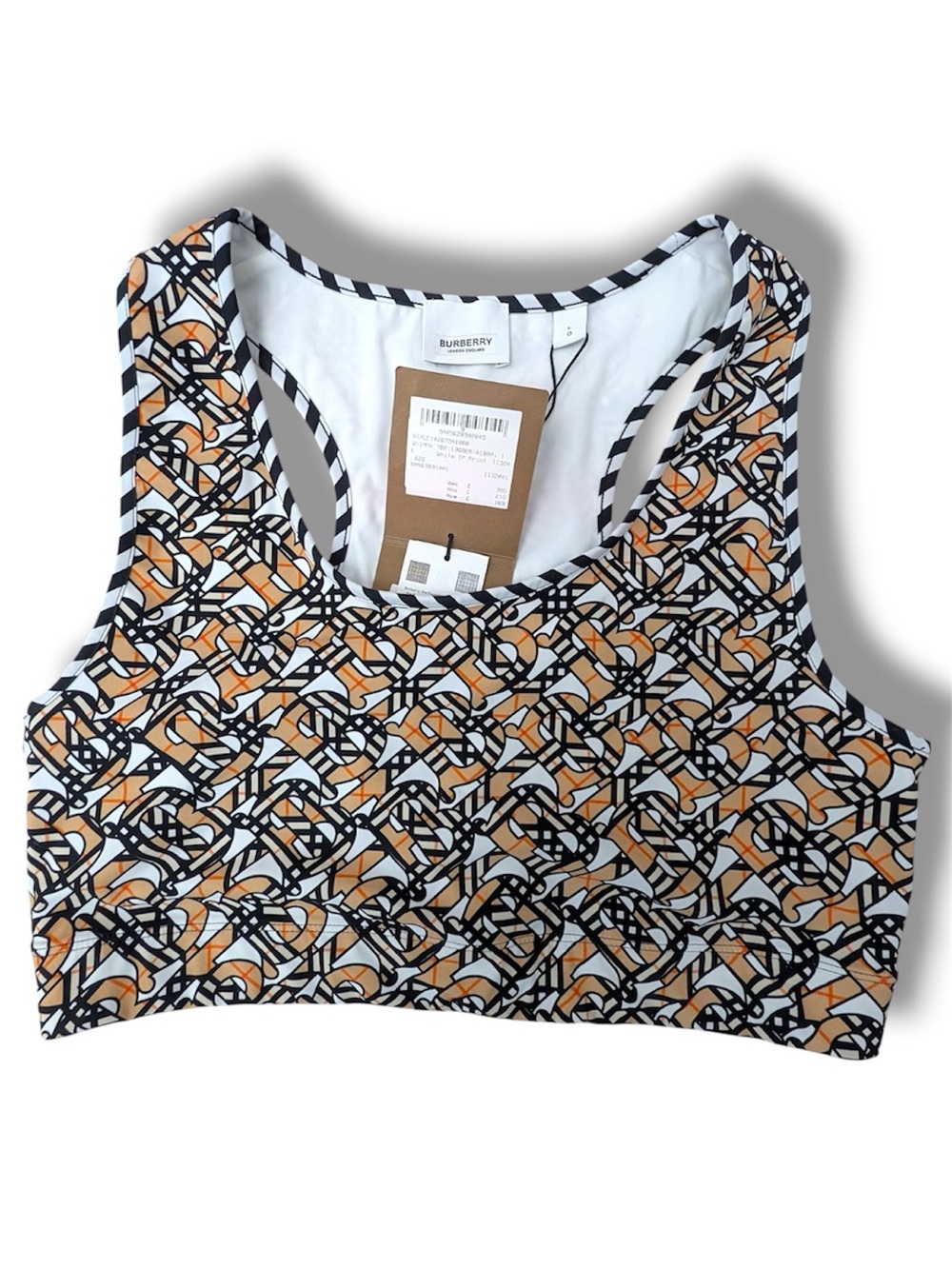 Burberry Multi-Color Geometric Racerback Bikini Top in White, Black & Tan